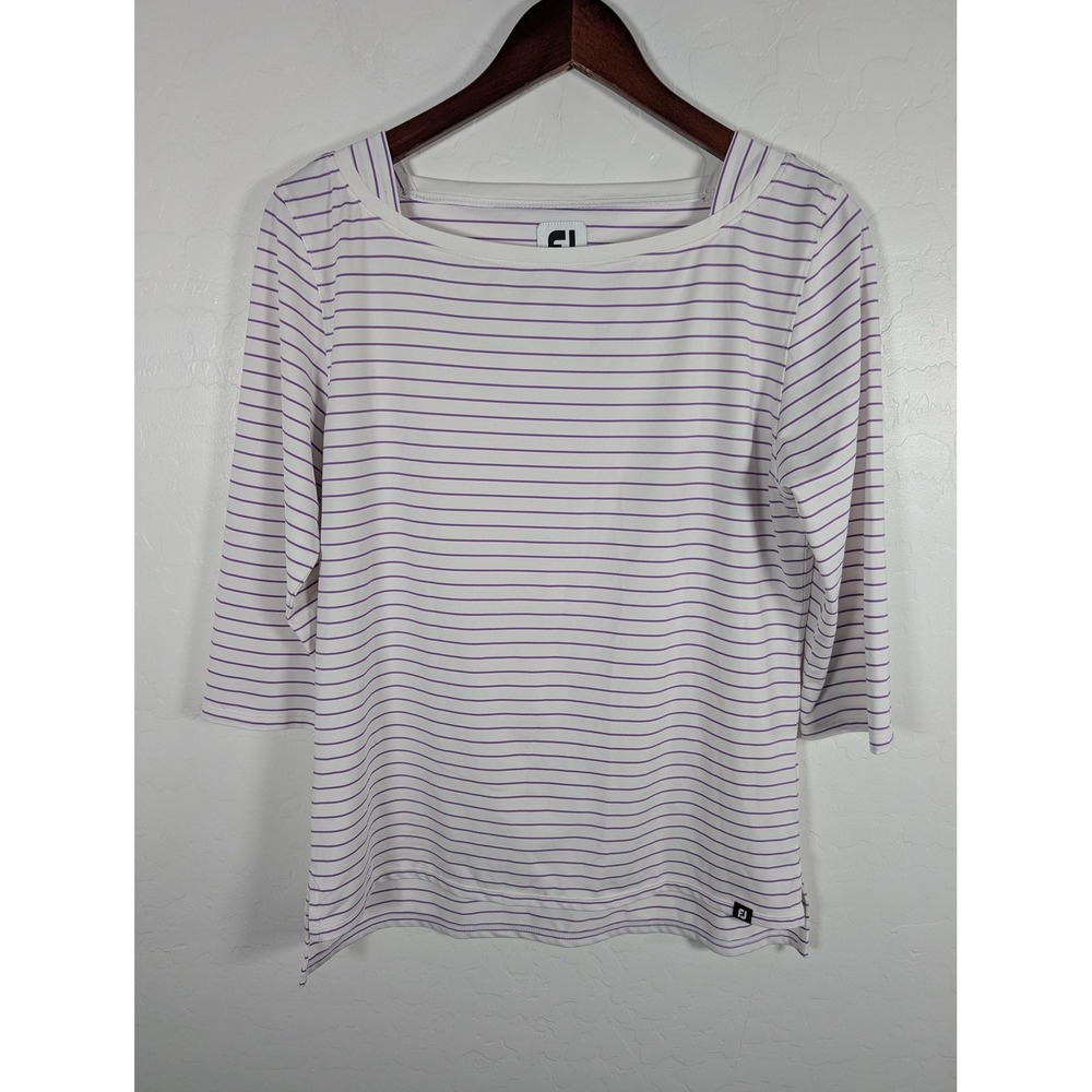 Women's 3/4-Sleeve White Boatneck Top with Purple Stripes